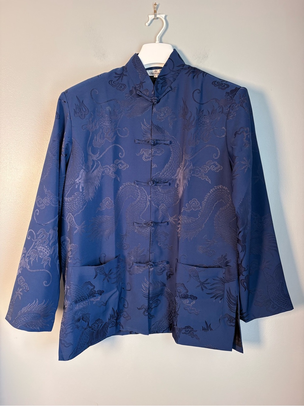 Vintage Diongyfe Blue Dragon Brocade Silk Satin Tang Suit Jacket Frog Closure S